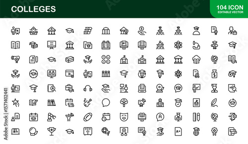 Colleges Education Institutions Professional Line Icon Collection – A minimal, modern vector set featuring college-themed symbols and academic-related graphics