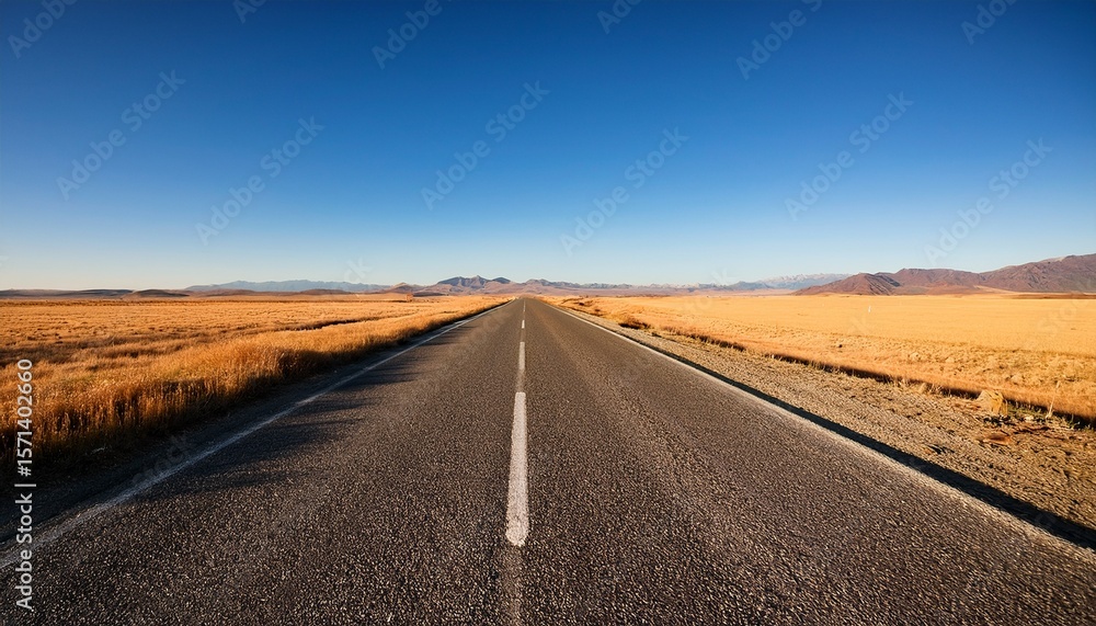 Naklejka premium empty cracked asphalt road stretching straight into the horizon under clear blue sky with golden fields and distant low mountains bathed in warm sunlight