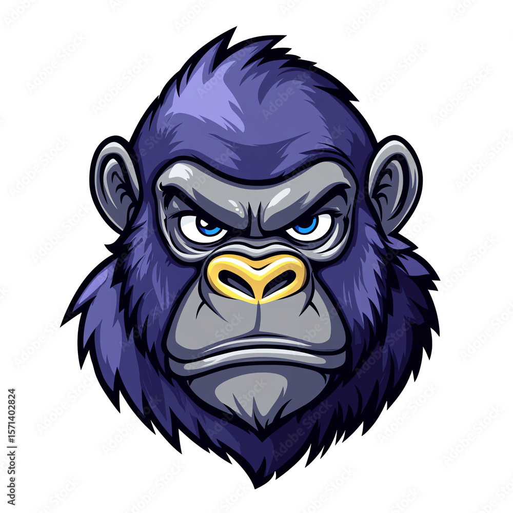 Obraz premium Powerful Gorilla Head Mascot Design: Fierce, Blue-Furred Primate Illustration, Perfect for Logos, Branding, and Gaming Assets. Vector Graphic for T-shirts, Posters, and More!