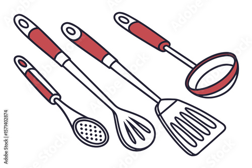 Illustration of kitchen utensils including a slotted spoon ladle spatula and skimmer in red and black