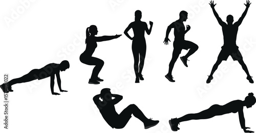 Fitness workout silhouettes exercise routine health and wellness body training