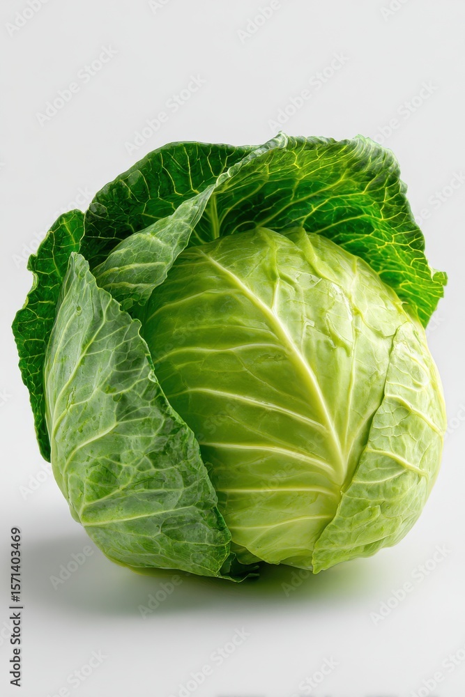 Obraz premium Fresh green cabbage with smooth tightly packed leaves isolated on a pure white seamless studio background