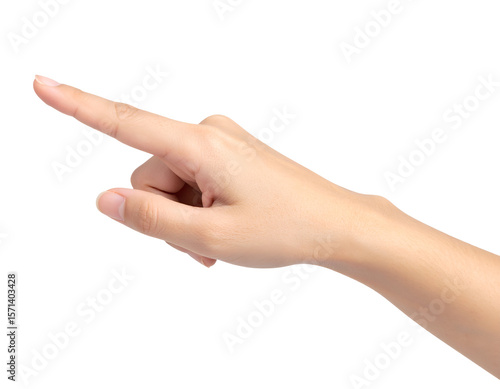 A graceful human hand points directly forward, conveying a sense of instruction or precise selection.