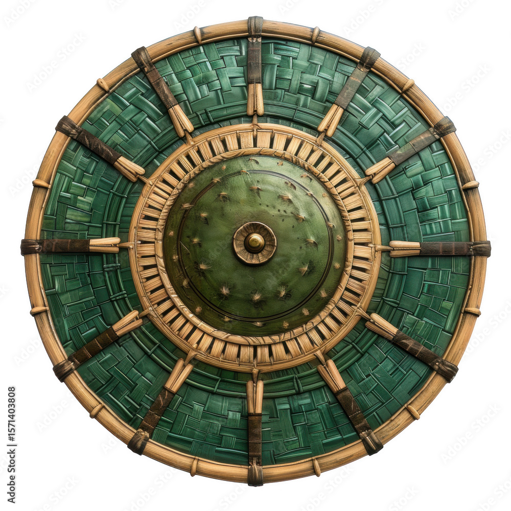 Fototapeta premium A round bamboo shield made from tightly woven bamboo strips with a sturdy central boss, natural green and tan colors