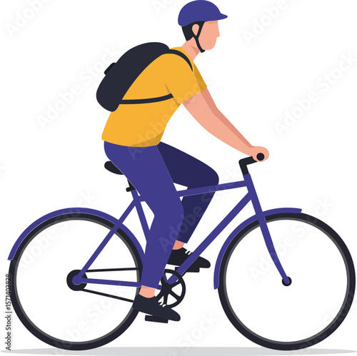 Man riding bicycle with backpack and helmet in casual outfit outdoor active lifestyle cycling exercise