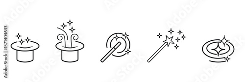 Magic sparkle wand hat star glow illusion enchantment mystery shine swirl effect fantasy icon set vector illustration.