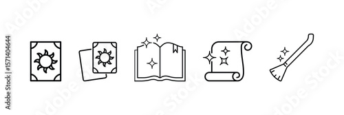 Mystic tarot spell book scroll broomstick enchanted magic card wizardry charm icon vector illustration set for fantasy theme design.