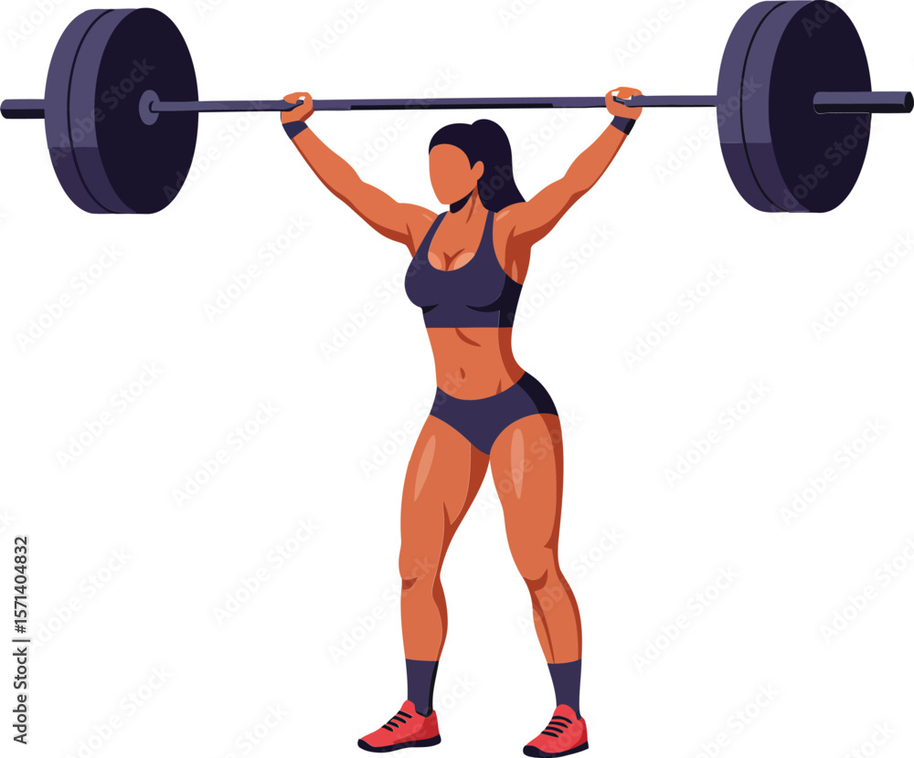 Obraz premium Female weightlifter performing overhead press with heavy barbell in active sportswear and red shoes