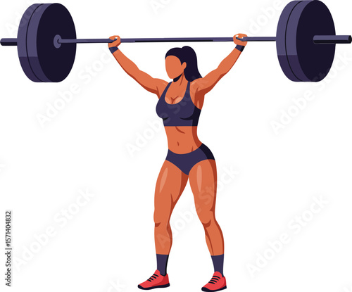 Female weightlifter performing overhead press with heavy barbell in active sportswear and red shoes