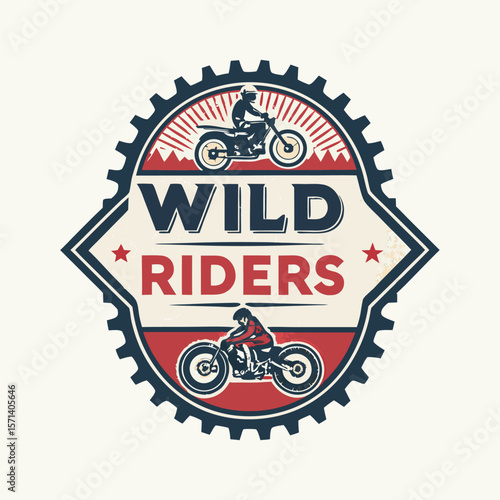 Colorful emblem featuring an offroad dirt bike and text for a wild riders club or event.