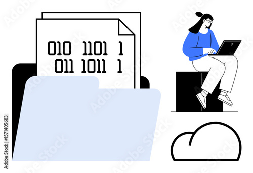 Folder with binary code documents, a woman coding on a laptop, and a cloud. Ideal for technology, coding, cloud storage, development, data management innovation digital transformation. Simple flat