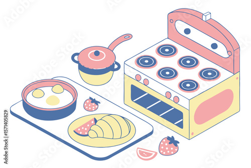 An illustration of a toy stove with a pot, eggs, croissant, and strawberries on a tray near it