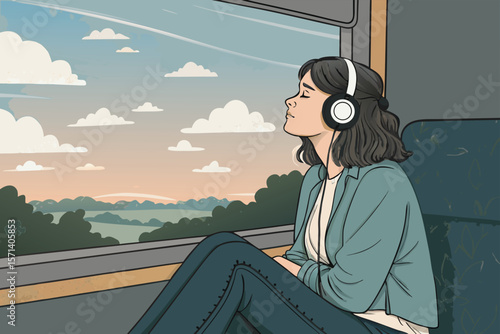 Create a vector illustration of a melancholic lo-fi girl, headphones on, alone on a train, gazing pensively out the window at a blurry cityscape.  Focus on a serene, slightly nostalgic mood.