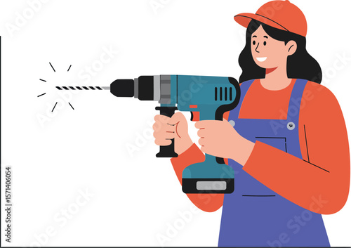 Woman using electric drill for home improvement and construction work in casual outfit and cap