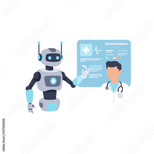 AI robot assistant showing diagnosis to doctor via holographic screen