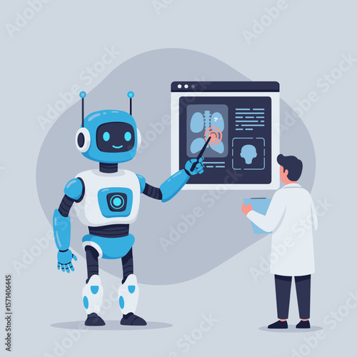 AI robot highlighting problem area on medical scan for physician  