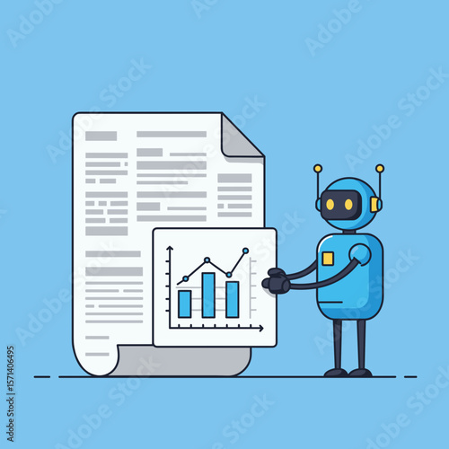 AI robot extracting tables from scanned financial report on blue background