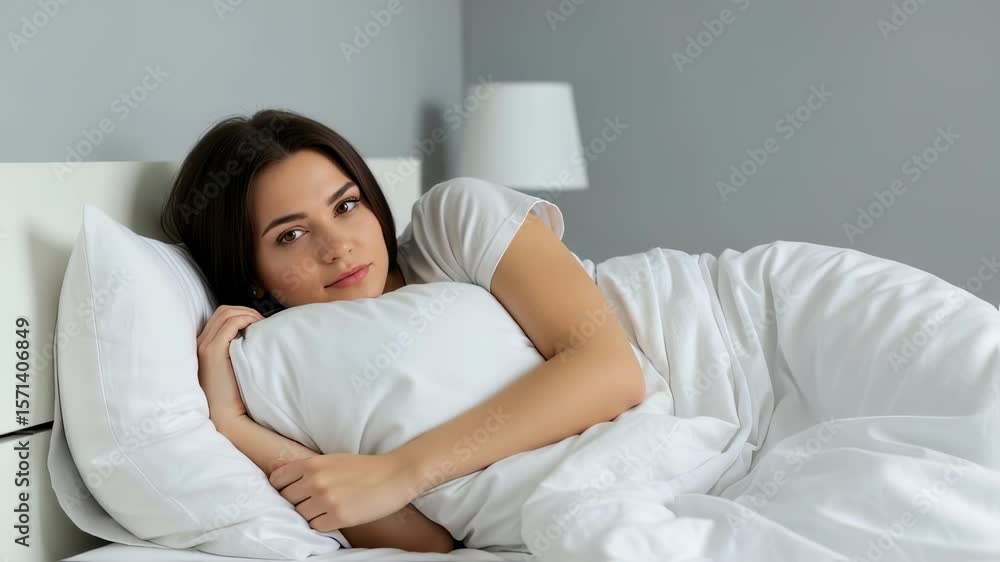 A sad young woman lies in bed, unable to sleep, hugging a pillow. Insomnia and mental health issues. Use for articles on sleep disorders, depression, loneliness, and psychological help services A sad young woman lies in bed, unable to sleep, hugging a pillow. Insomnia and mental health issues. Use for articles on sleep disorders, depression, loneliness, and psychological help services
