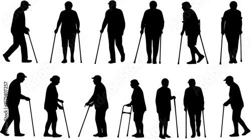 Group of elderly people with walking aids in different poses vector silhouette set collection.
