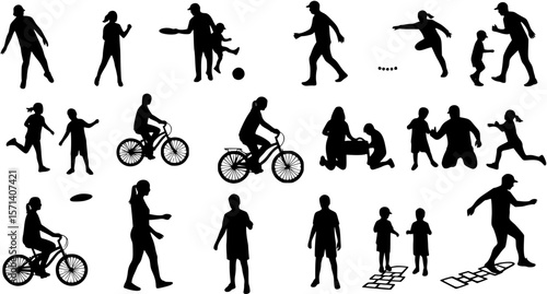 Playful family outdoor activities and sports different poses set silhouettes.
