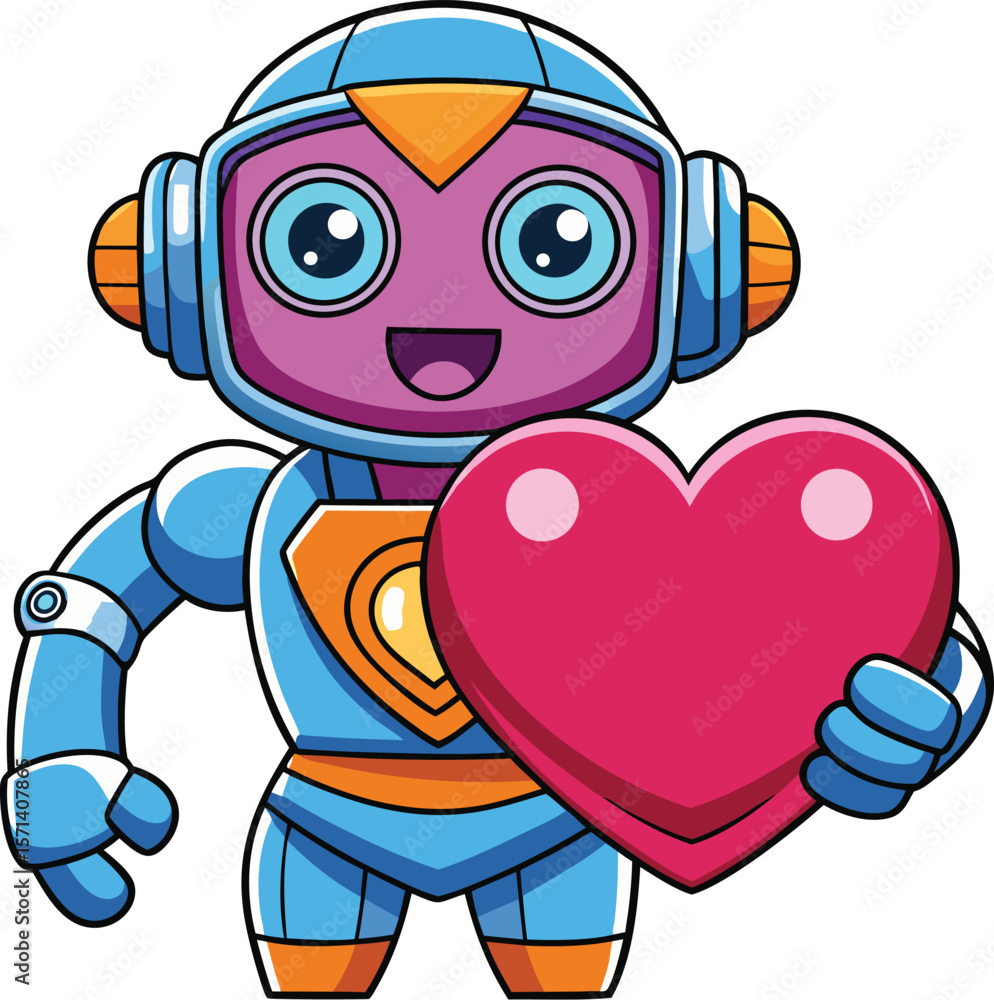 Cheerful robot holding heart, kawaii outlined cartoon vector Cheerful robot holding heart, kawaii outlined cartoon vector