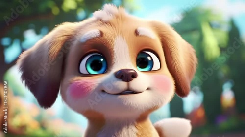 Cute puppy smiles, garden background, animation