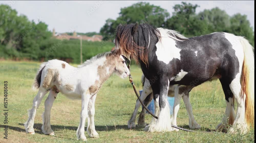 Foals and mare in green windy pasture with summer breeze in the countryside Foals and mare in green windy pasture with summer breeze in the countryside
