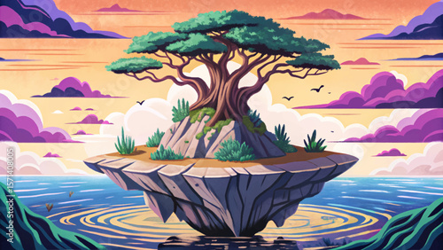 Ancient tree vector on floating rock island, magical sky scene, surreal fantasy landscape, mystical nature, airborne terrain, dreamy environment, enchanted roots, peaceful cloud realm