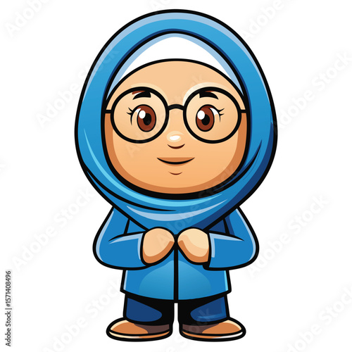 Cute cartoon girl in a blue headscarf and outfit