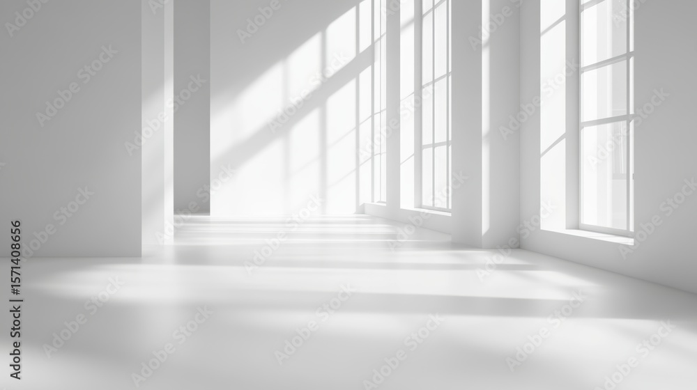 Fototapeta premium Bright and Spacious Modern Interior with Elegant Sunlight Streaming Through Large Windows Casting Shadows on Clean Floor