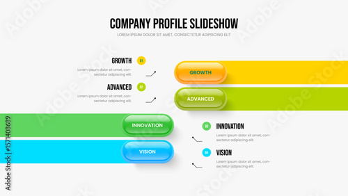 Service Profile Frame Design Vector Illustration. Investor Campaign 4 Option Infographic Slideshow Layout. Digital Overview Four Element Diagram Slide Template.