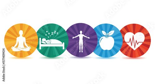Health and wellness icons for lifestyle balance, meditation, sleep, and diet