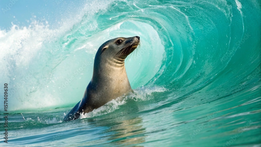 Fototapeta premium A playful seal rides a vibrant, curling ocean wave, its head emerging gracefully, showcasing the dynamic interaction between marine life and powerful nature.