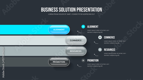 Professional Launch Four Element Diagram Slide Design. Enterprise Profile Slideshow Layout Vector Illustration. Modern Briefing 4 Step Infographic Frame Template.