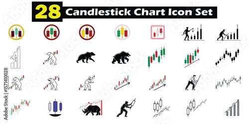 A comprehensive collection of twenty-eight candlestick chart icon designs for financial analysis and investment strategies