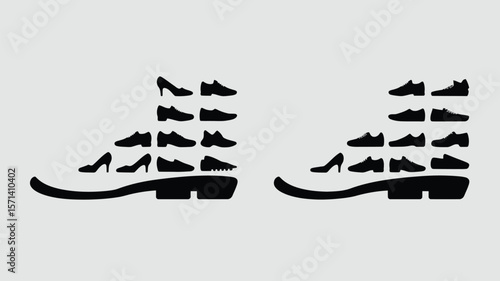 Two boot shapes filled with black shoe silhouettes on a gray background in a graphic design style