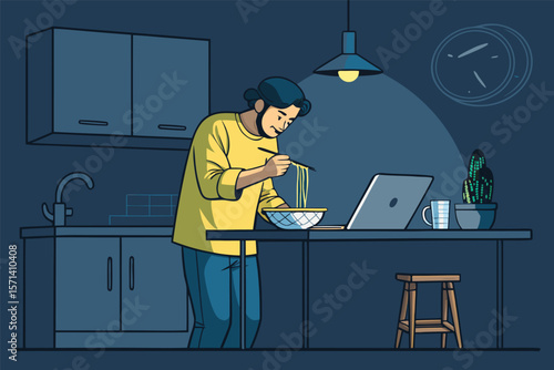 Create a vector illustration of a man in a cozy, dimly lit kitchen, late at night, meticulously preparing a bowl of steaming ramen.  Show a focus on the process and the comforting atmosphere.