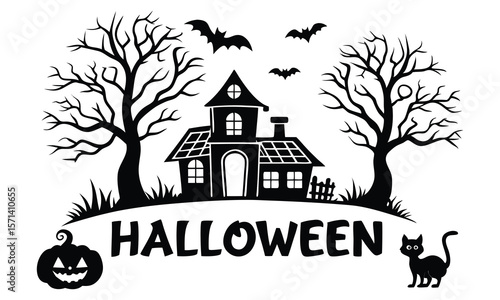 Halloween Spooky House Silhouette with Bats and Pumpkin