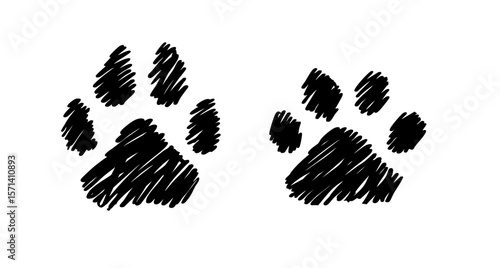 Hand drawn paw cat and dog. Drawing pet paw icon. Dog paw doodle vector illustration