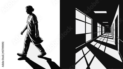 Illustration of a nurse walking with a hospital corridor in the background in black and white style