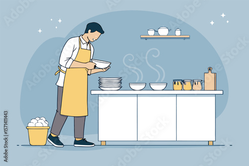 Create a low-fi vector illustration of a man, wearing an apron, diligently cleaning dishes, with a relaxed, almost meditative expression.  Include realistic dishwashing details.