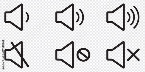 Speaker icons vector set in different stroke line style. Vector isolated Volume icon set in black outline. 