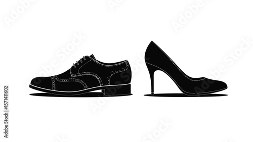 A black and white image showing a man shoe and a woman high heel on a white background isolated