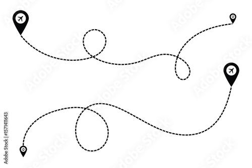 Route icon - two points with dotted path and location pin. Route location icon two pin sign and dotted line. Travel vector icon. Travel from start point and dotted line tracing. Route Optimization. 