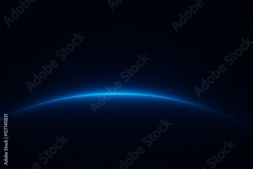 Blue glowing arc of light on dark background with curved horizon energy effect for abstract futuristic concept