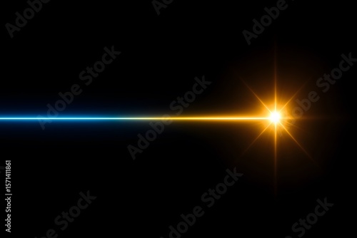 Blue and orange glowing laser beam with radiant starburst light on black background representing futuristic energy technology concept