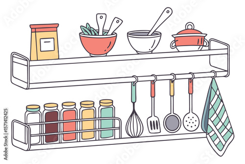 Illustration of kitchen shelves with jars, bowls, utensils, and a towel hanging from a rod below it