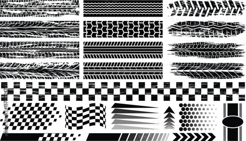 Tire Track and Racing Elements Set – Grunge Vector Pattern for Motorsport Design