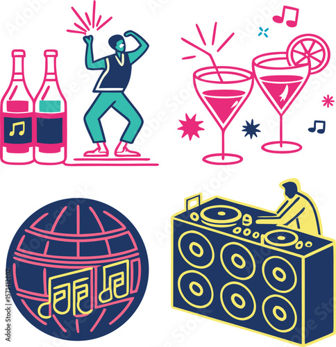  neon style or colorful icon set for party and bare .