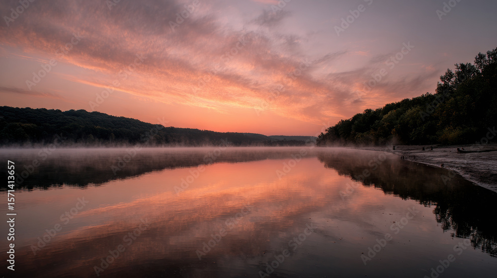 Obraz premium stunning summer sunrise illuminates serene lake casting warm glow over water